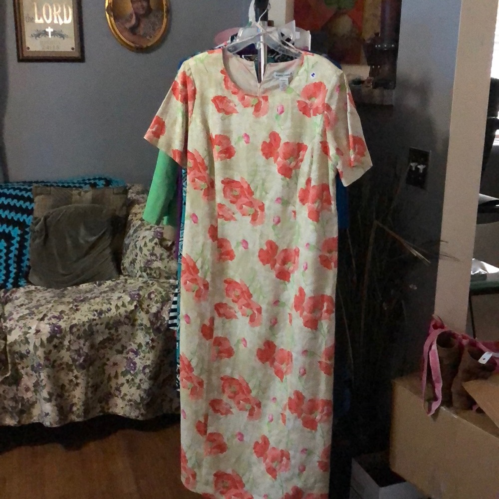 Linen Creme Orange Floral Dress